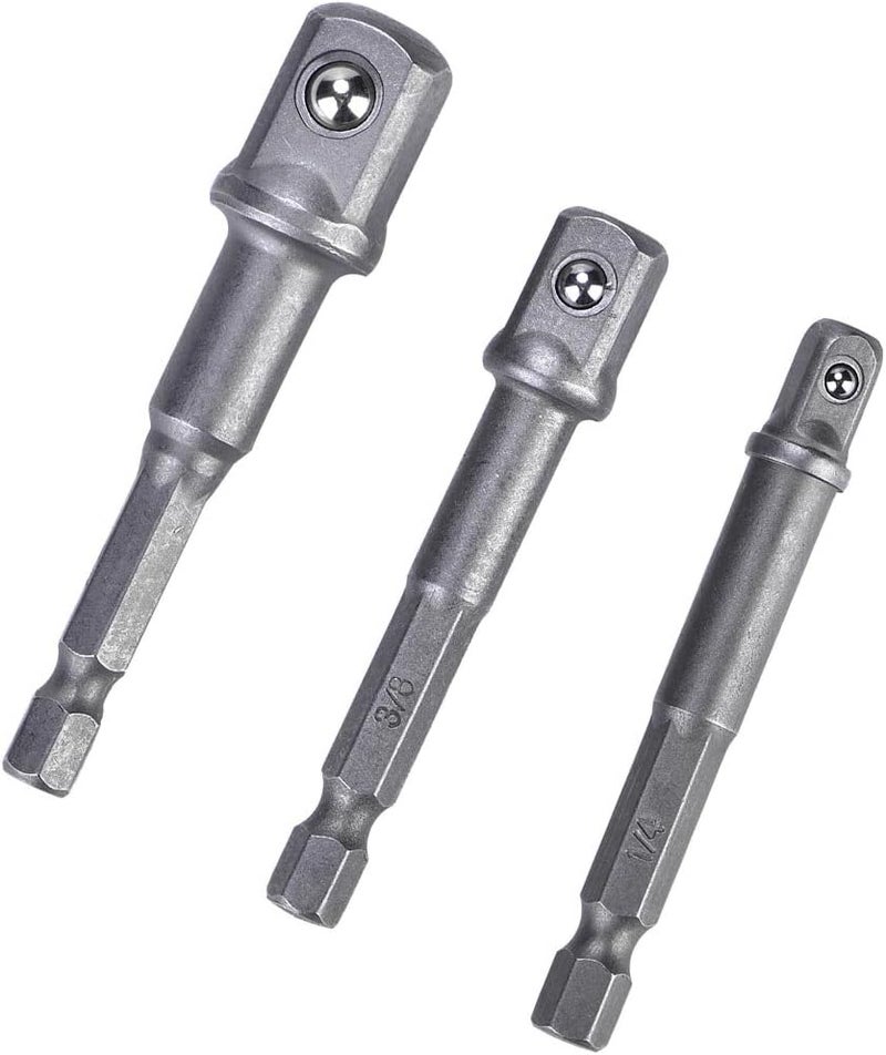woobles Socket Bit Adapter, 3Pcs Socket Adapter 1/4” Hex Shank to 1/4" 3/8" 1/2" Square Head Drill Bit Driver(Silver) - Image 4